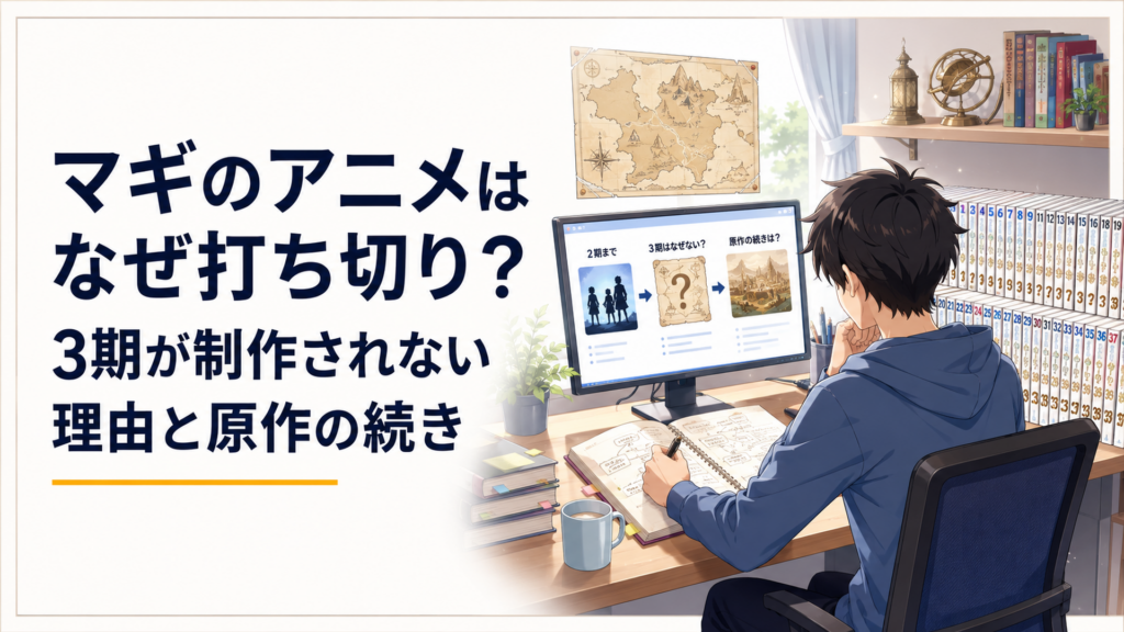 アニメ『マギ』第2期と全37巻の原作を並べて打ち切り説や第3期の情報を調べるファン