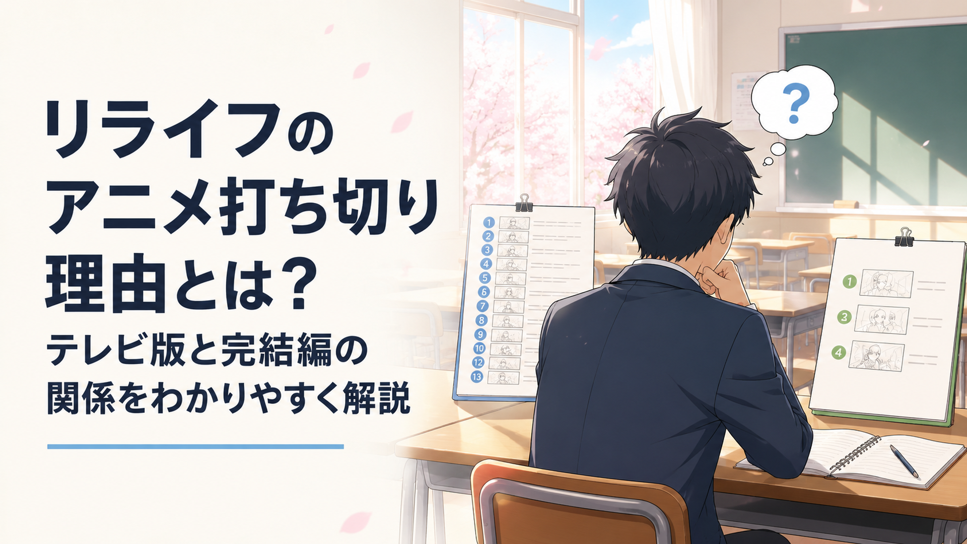 卒業後の静かな教室でテレビ版13話と完結編4話の違いを考える青年