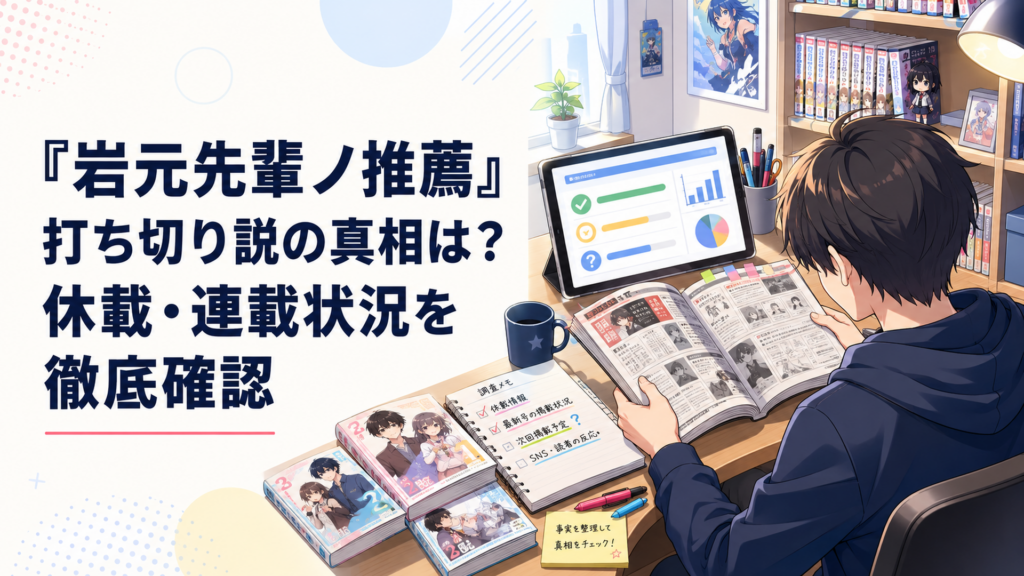 『岩元先輩ノ推薦』の連載誌とコミックスを並べて打ち切り説を検証するファン