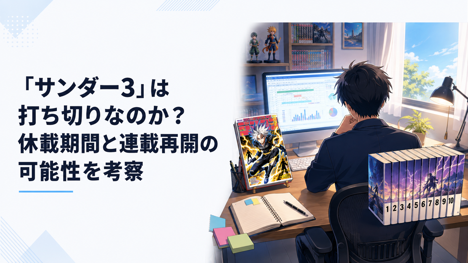 月刊漫画誌と全10巻の刊行予定を見比べながらサンダー3の打ち切り説を検証する会社員ライター