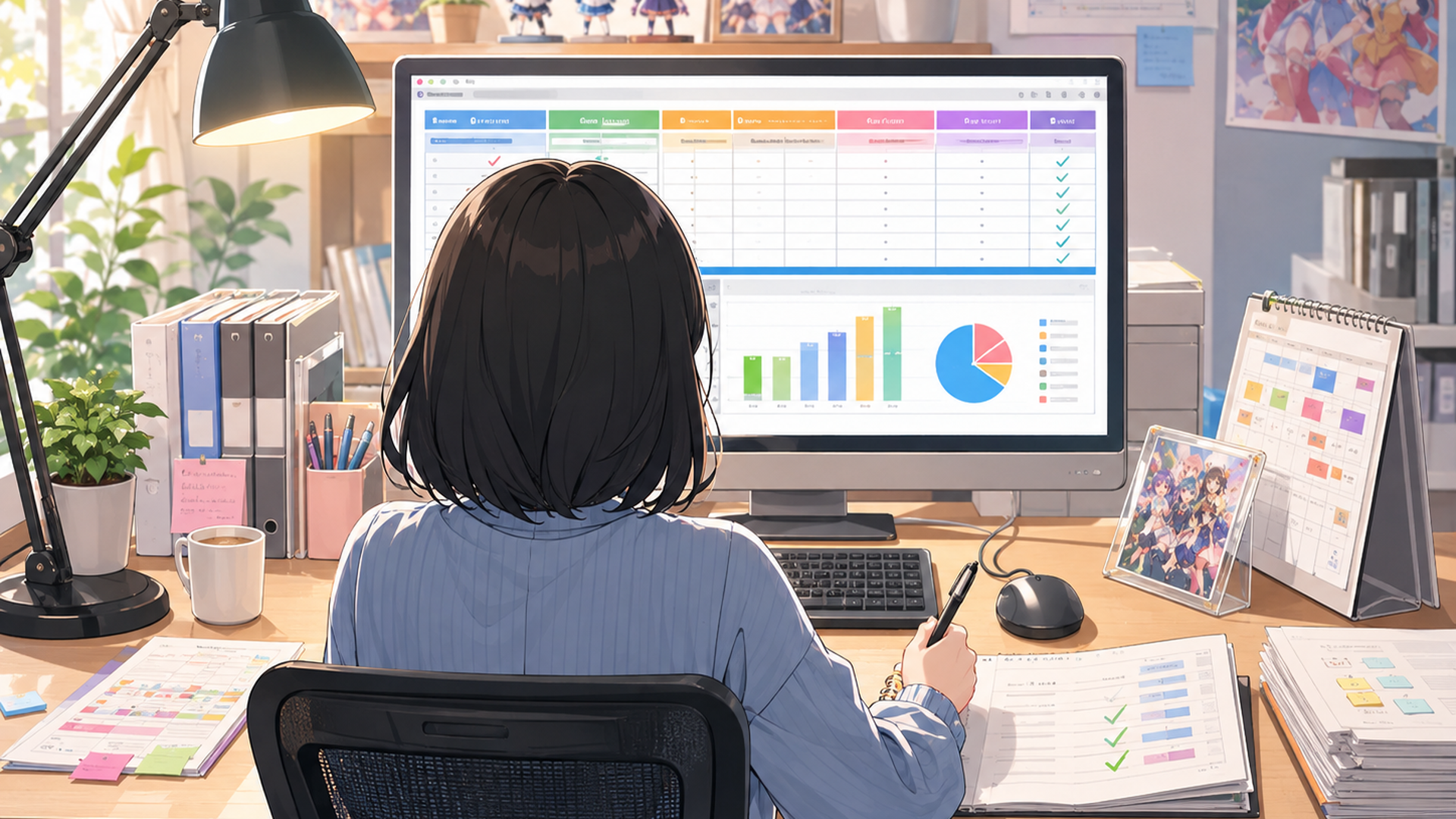 キャンピングカーの前にWeb小説と書籍と漫画とテレビ画面が並び媒体別の継続状況を確認するファン