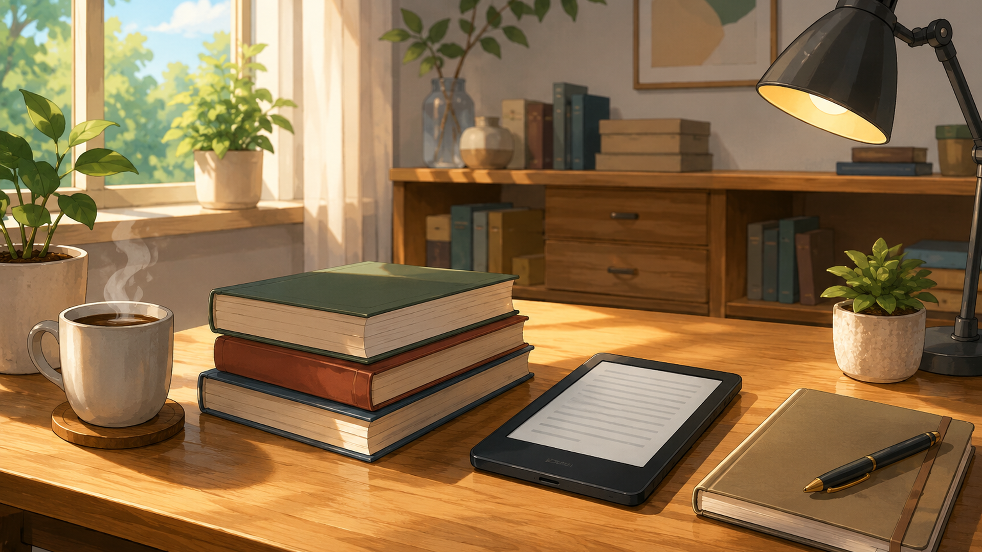 紙の本と電子書籍端末が並ぶデスク