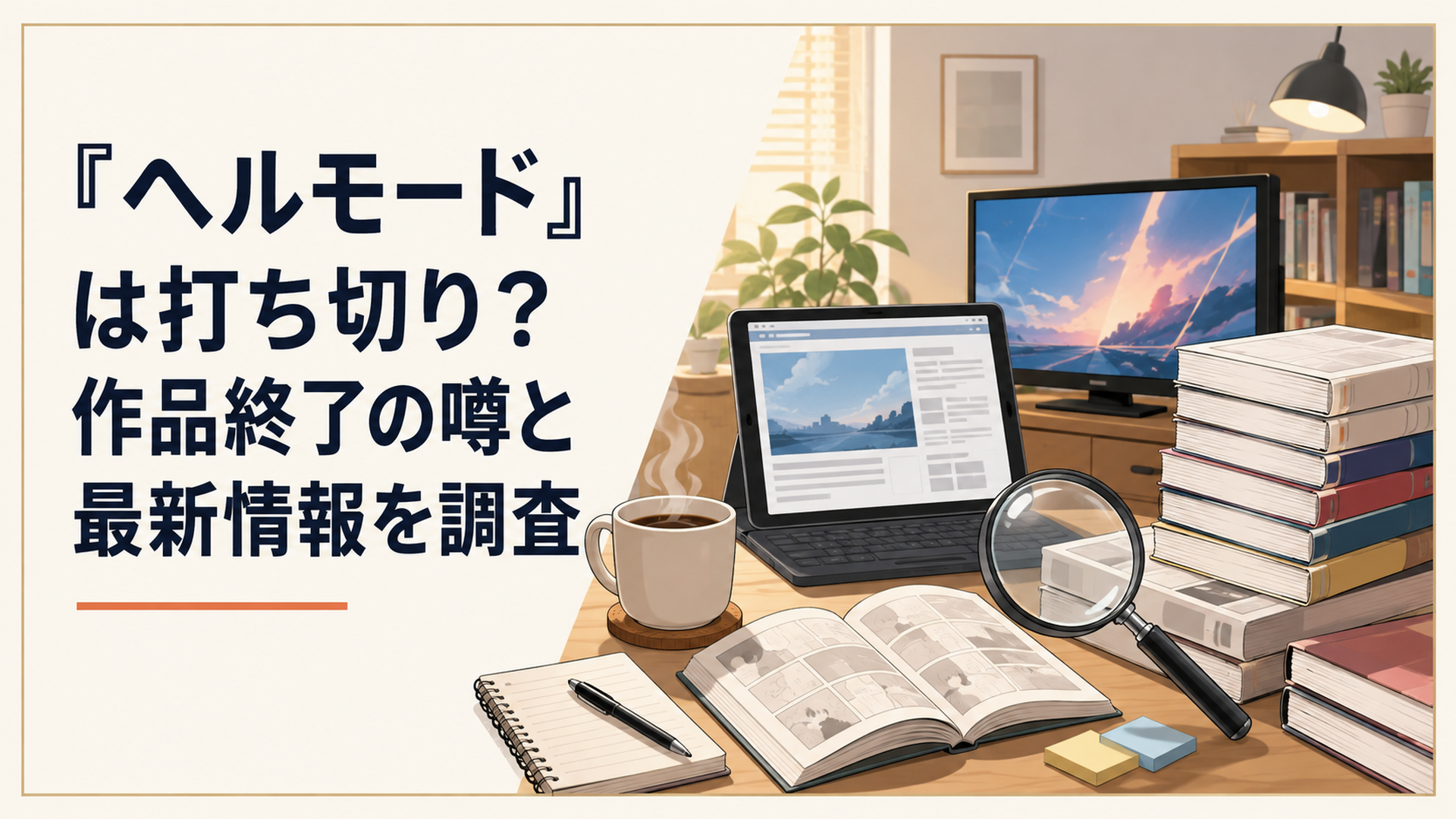 『ヘルモード』の打ち切り説を調査するイメージ。漫画と小説の新刊、更新中のWeb小説、放送中のテレビ画面を虫眼鏡で確認する構成