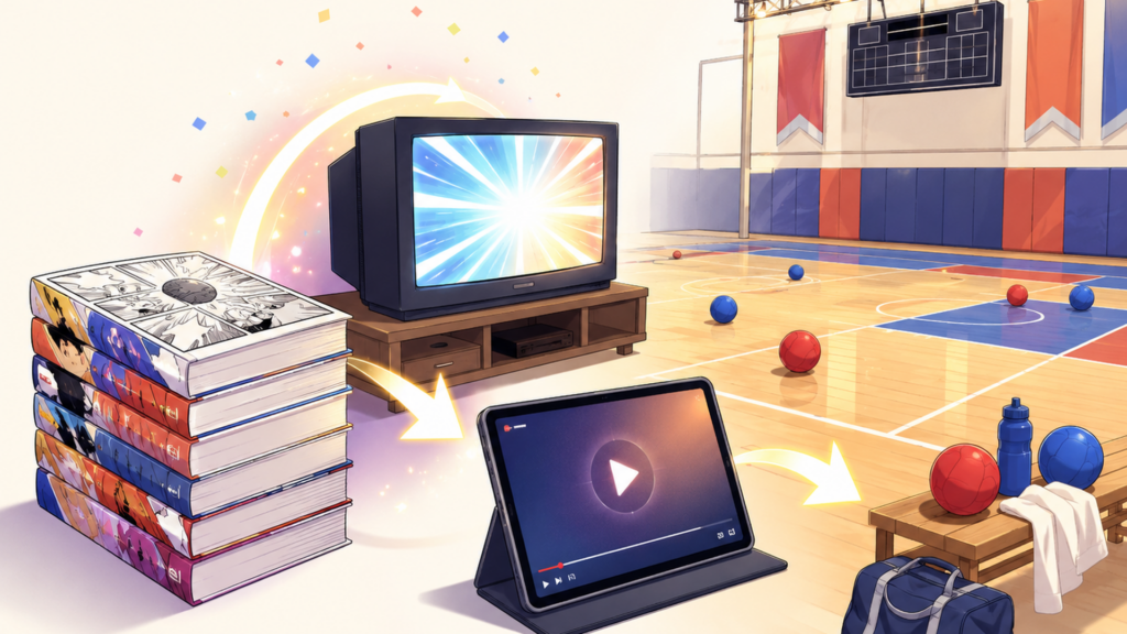 2004年から続く魔法少女シリーズが長い空白を越えて2026年の新作TVアニメへつながる歩みを、テレビ画面と魔法デバイスと光の年表で表現した幻想的な風景