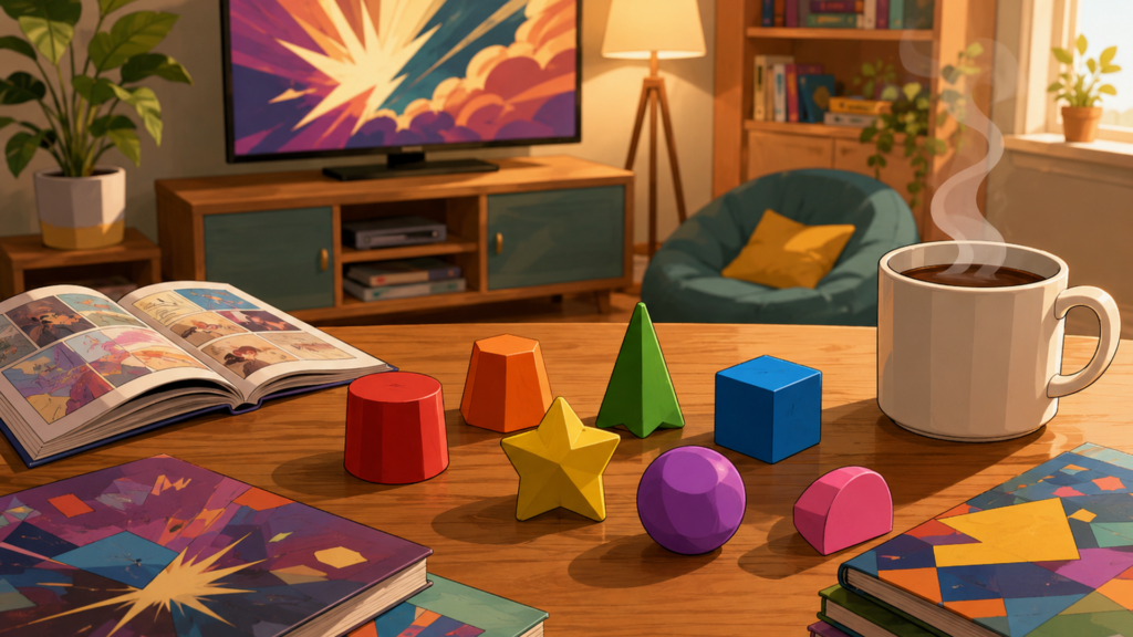 原作小説とコミックス、アニメ映像を連想させる資料を机上に並べ、『幼女戦記』の打ち切り説を検証しているイメージ