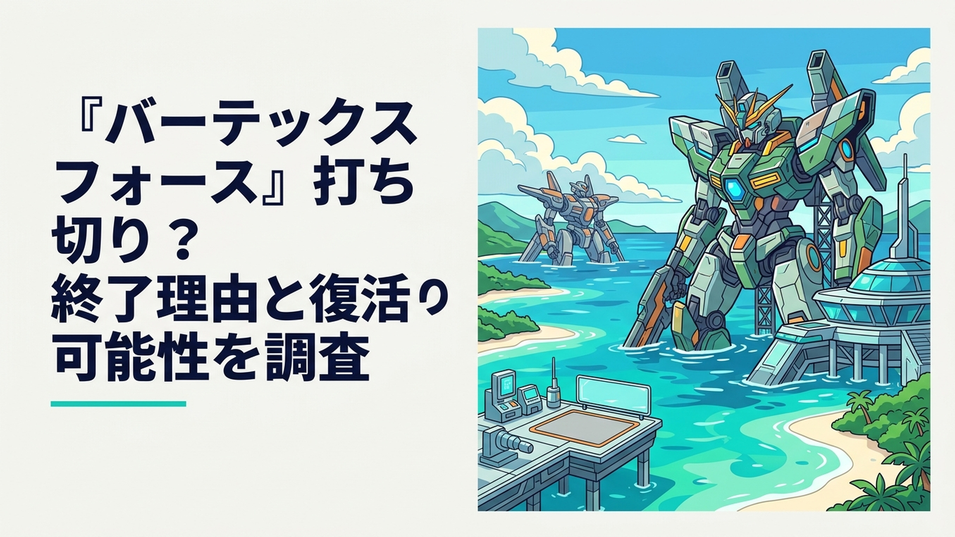 沖縄の海と巨大メカを背景にした新作SFアニメの世界観イメージ