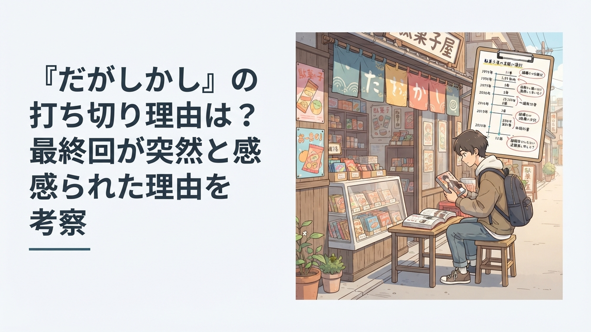 駄菓子屋の店先で全11巻の漫画と連載年表を見ながら打ち切り説を検証するアニメファン