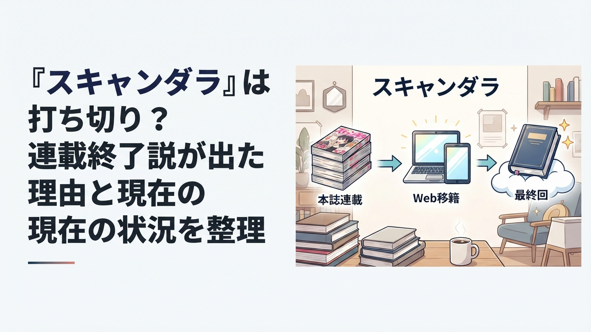 『スキャンダラ』が本誌連載からWeb移籍を経て最終回へ向かう流れを検証する漫画雑誌風イメージ