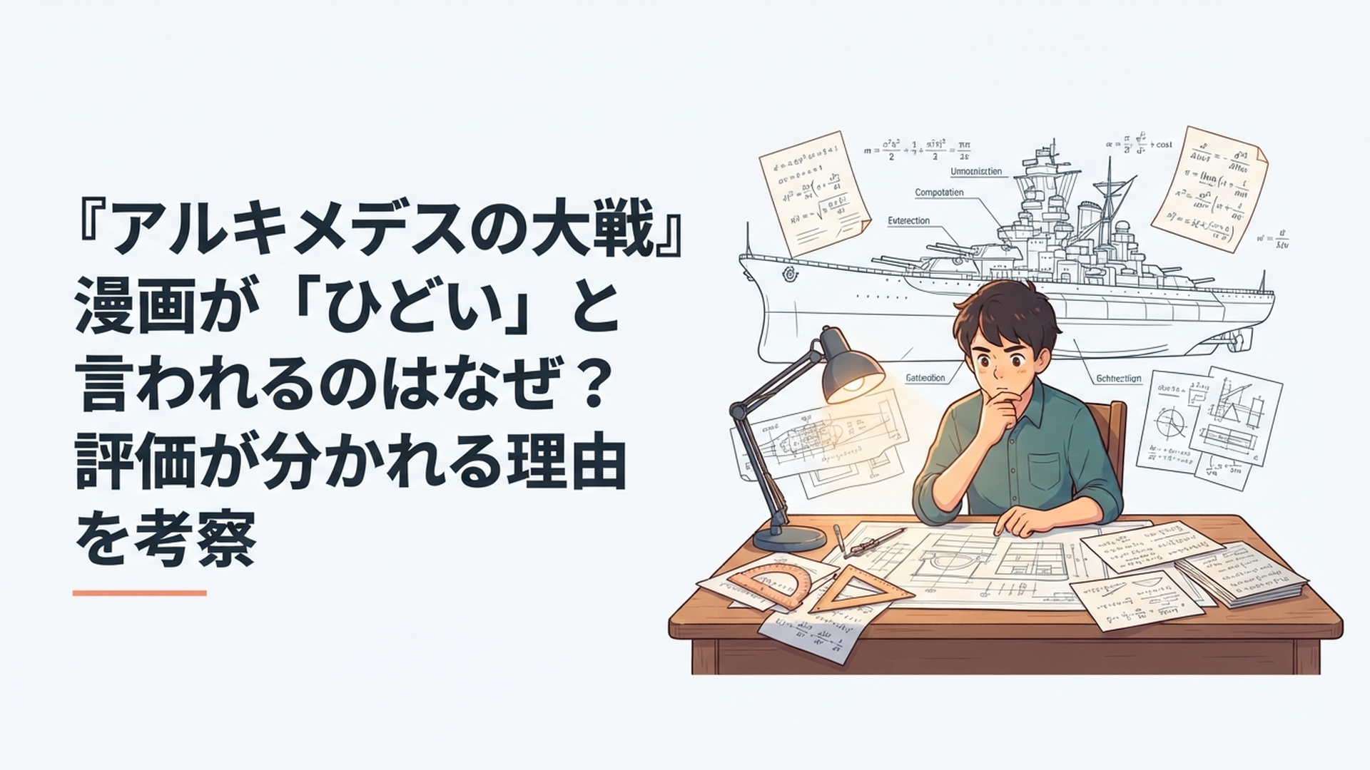 戦艦の設計図と数式を前に巨大戦艦の運命を考える若き数学者