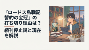 『ロードス島戦記 誓約の宝冠』の小説と王冠を前に続刊情報を確認するファンタジーファン