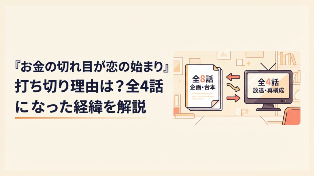 『おカネの切れ目が恋のはじまり』が全8話予定から全4話へ再構成された経緯を表す台本とテレビドラマのイメージ