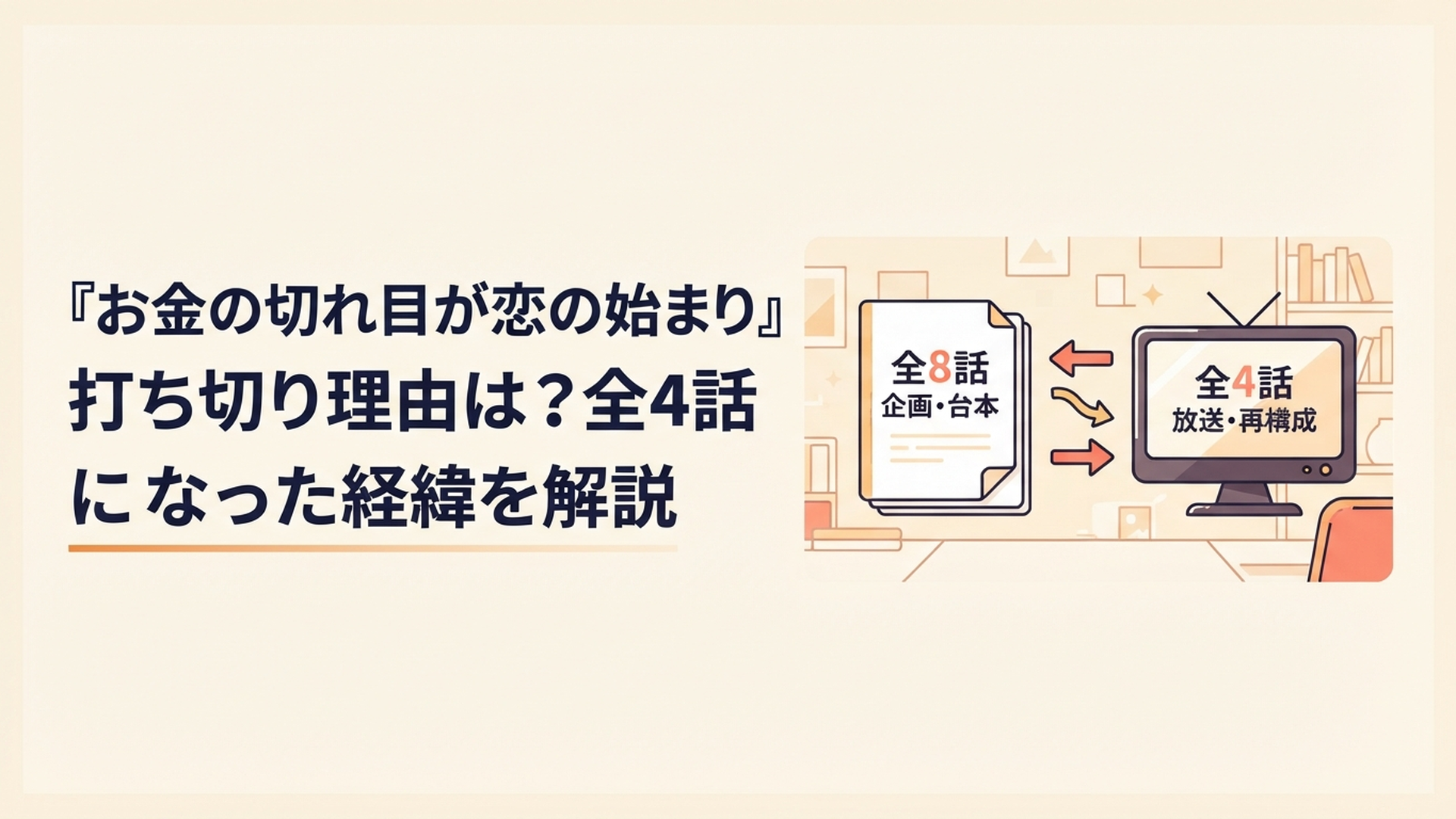 『おカネの切れ目が恋のはじまり』が全8話予定から全4話へ再構成された経緯を表す台本とテレビドラマのイメージ