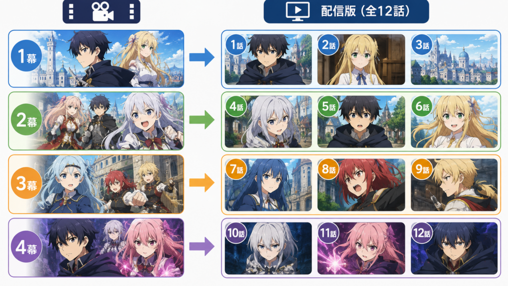 劇場版の全4幕が配信版の全12話へ3話ずつ対応する構成図