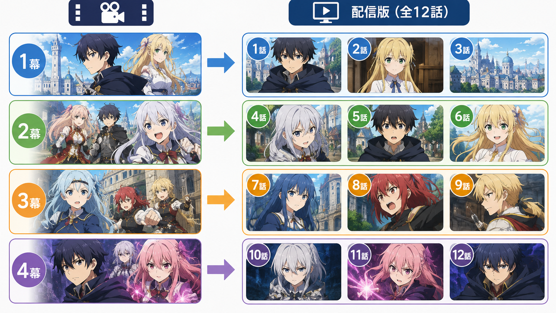 劇場版の全4幕が配信版の全12話へ3話ずつ対応する構成図