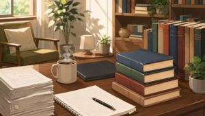 小説投稿サイト終了と書籍化を表現するノートや本のイメージ