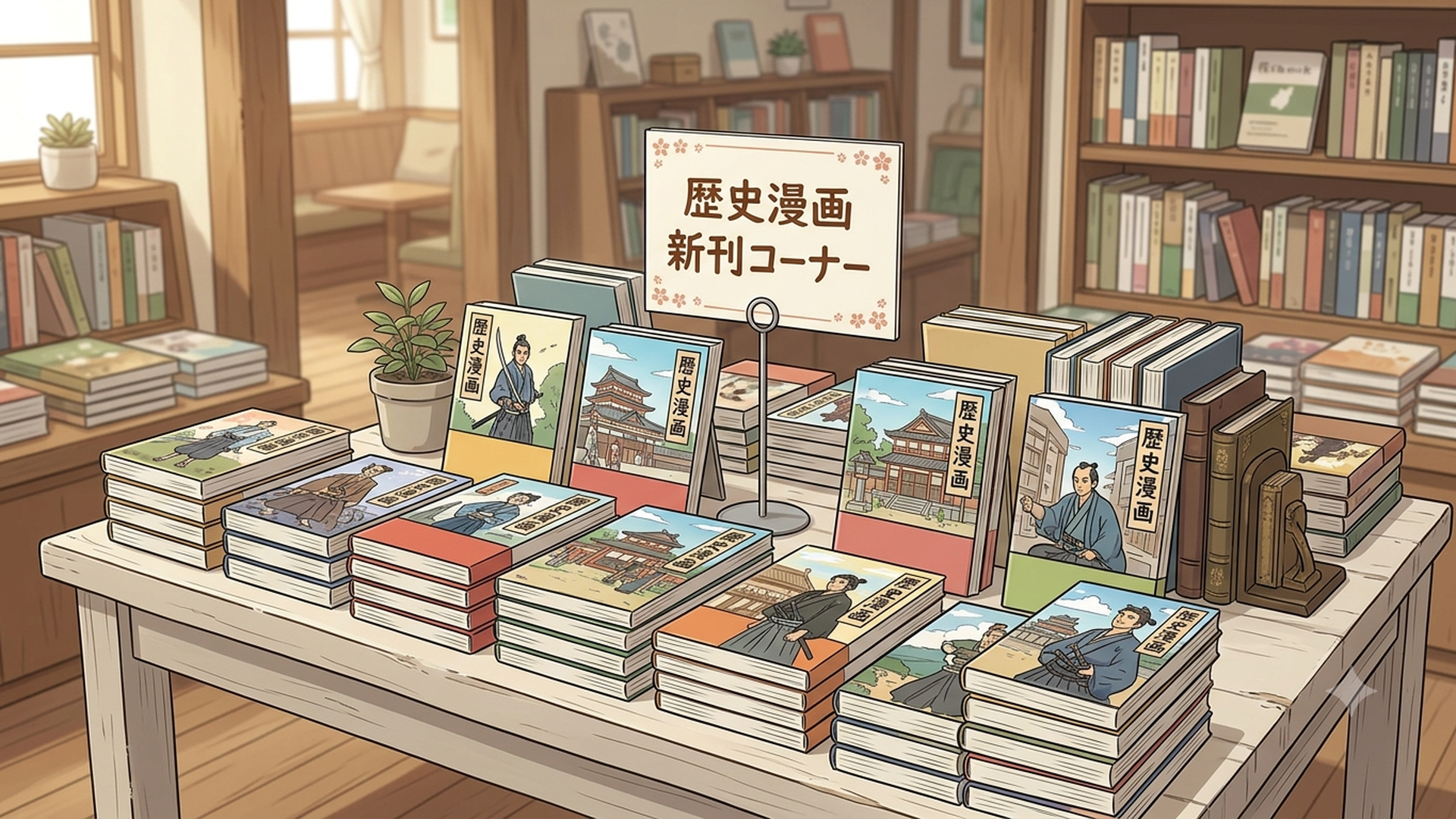 書店の新刊コーナーに並ぶ歴史漫画の単行本